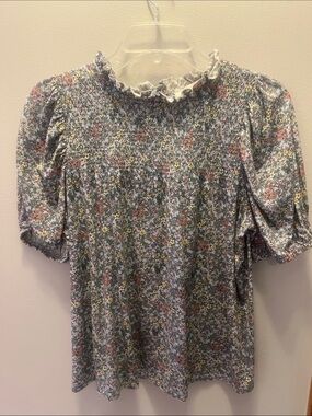 LOFT Blue Floral Smocked Puff-Sleeve Blouse